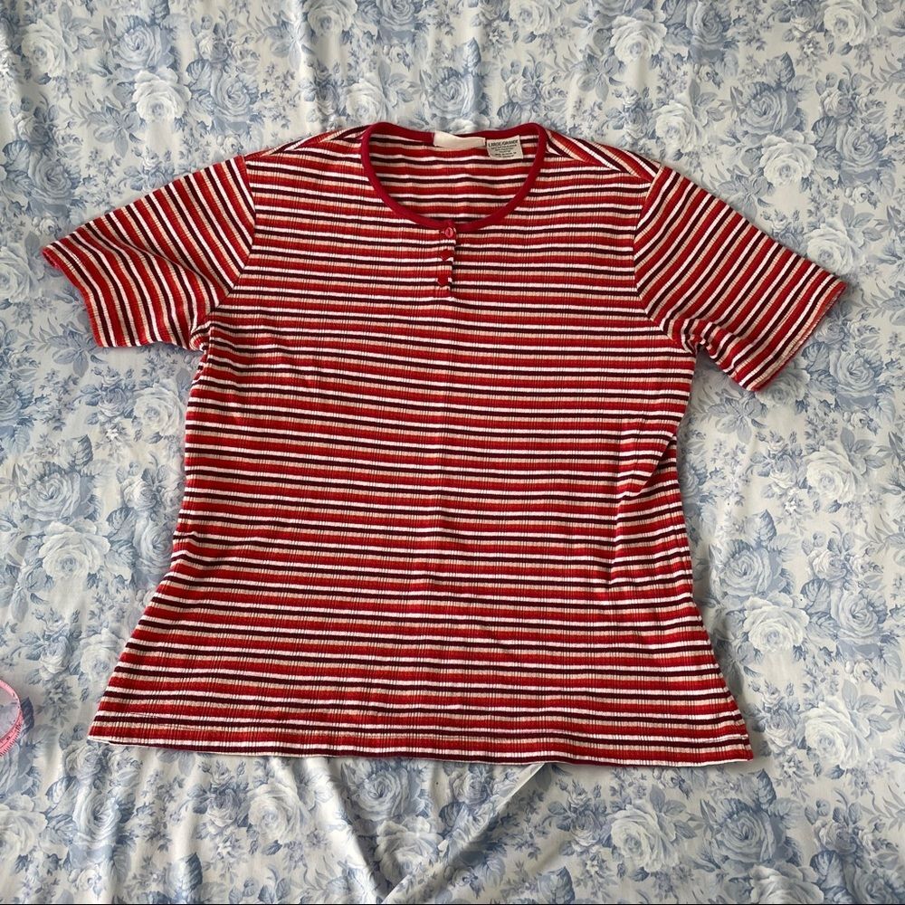 Vintage Large Vertical Striped Short Sleeved Henley Orange Tan Stretchy Eyelet